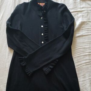 Black Button-Up Sweater with Ruffle Trim